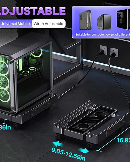 Adjustable Computer Tower Stand with Charging Station, PC Stand for Floor, Mobile CPU Holder with 4 Caster Wheels Fits Most PC Tower, Under Desk CPU Holder for Office,Gamers and Students