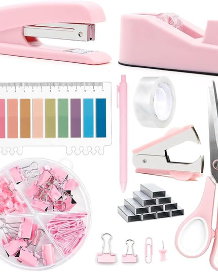 suniya Office Supplies,Desk Accessories,Tape Holder,Stapler,Scissor,Staple Remover,Box of Binder Clips,Staples,Ballpoint Pen,Lndex Tabs,Clear Tape,Office Supplies Set(Pink)