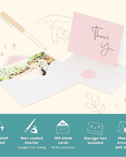 VNS Creations Gold Foil Thank You Cards With Envelopes Bulk Set & Stickers - 100 Pack 4x6 Blank Thank You Notes Box Set - Large Note Card Small Business, Wedding, Baby Shower & Bridal Shower - Lilac
