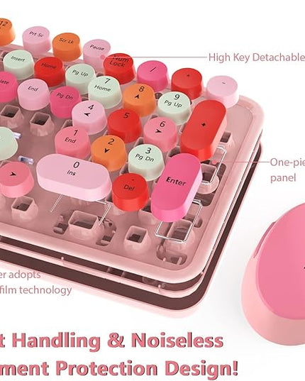 KOOTOP Cute Pink Wireless Keyboard and Mouse, 2.4G Retro Round Keycap for PC, Mac, Laptop, Tablet, Computer Windows