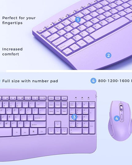 Ergonomic Keyboard and Mouse Combo - Full Size Keyboard Cordless with Palm Wrist Rest Ergonomic Mouse Wireless for Windows Computers Laptops - Light Purple (Upgrade)