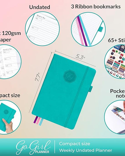 GoGirl Planner and Organizer for Women – Compact Size Weekly Planner, Goals Journal & Agenda to Improve Time Management, Productivity & Live Happier. Undated – Start Anytime, Lasts 1 Year – Turquoise