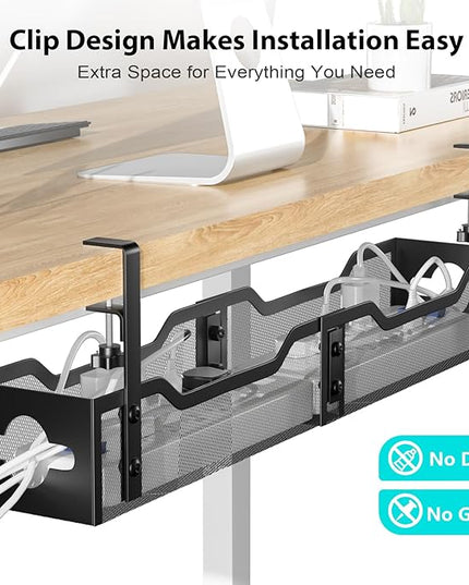 Under Desk Cable Management Tray 24.8", Quszmd Cable Organizer No Drill, Standing Cord Organizer and Wire Management Tray - No Damage to Desk, Black