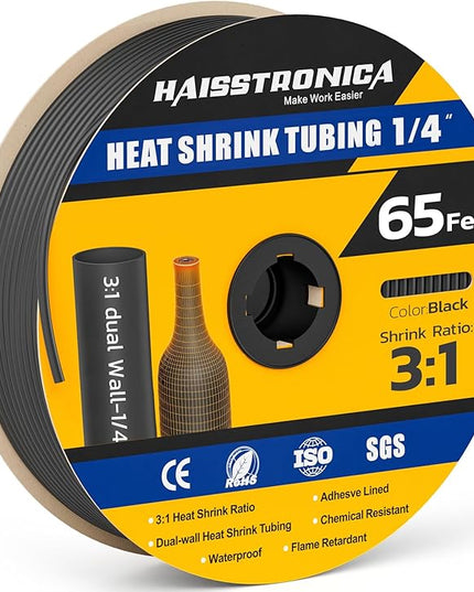 haisstronica 3:1 Heat Shrink Tubing, Shrink Ratio Adhesive Lined Marine Grade Heat Shrink Tube for Home, Automotive and Industrial (Black) 65FT 1/4inch