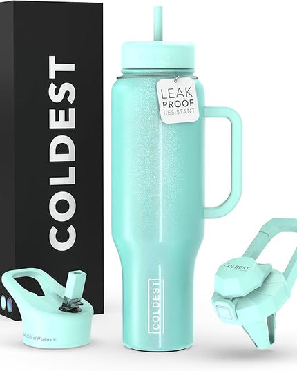 Coldest Tumbler with Handle and Straw, 100% Spill Proof Tumbler with Straw (3 Lids), Stainless Steel Insulated Leakproof Tumblers for Women Men, Cup Holder Friendly, 46 oz (Astronaut Green Glitter)