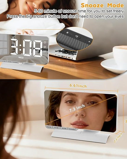 SZELAM Digital Clock,Alarm Clock Bedside,7.3'' Large LED Mirror with Date Display,Dual Alarm with 3 Mode,Brightnee Adjust,DST,Snooze Function,USB C Charging Port,5 Levels Volume for Desk Bedroom Teens