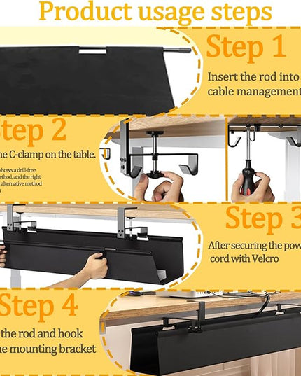No Drill Under-Desk Cable Management Tray, Desktop Cable Organizer, Fabric Storage Tray, Two Installation Methods, Suitable for Office/Home Use. (13 * 35in)