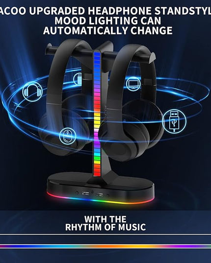RGB Headphone Stand - Dual Gaming Headset Holder with 3 USB Charging Station and 3.5mm Audio Port,8 Light Modes, Suitable for Gaming, Wireless Earphone Display, Gamer Gifts for Men (Black)