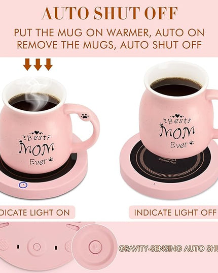 Coffee Mug Warmer, Best Mom Ever Mug, Cute Cat Mug Set, Cup Warmer for Desk, Gifts for Women, Pink Heated Warmer for Mom Home Office Christmas Birthday Gifts
