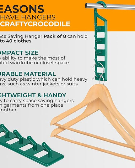 CraftyCrocodile Space Saving Hangers for Clothes - 8 in Pack, Heavy Duty Plastic, Multi Closet Space Savers for Shirts, Pants, Jeans, Sweaters - Hanger Organizer Space Saver