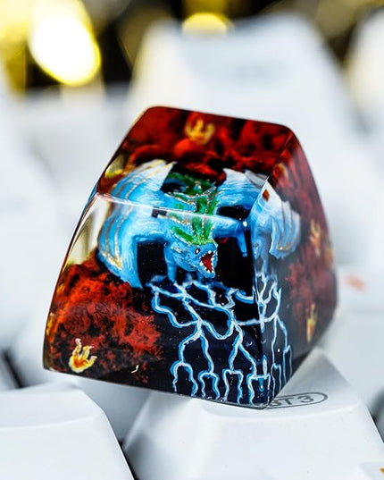 Blue Dragon with Volcano Artisan Keycap R1 SA Profile Custom Fantasy Dragon Keycaps 1U ESC Handmade Gaming Resin Key Cap Cherry MX Switch Compatible Mechanical Keyboard Dragon Lover Gift