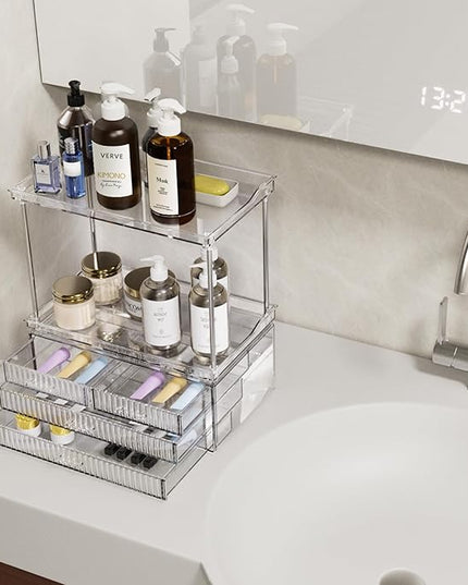Acina 2-Tier Bathroom Organizer Countertop: Multi-Purpose Makeup Organizer - Large Skincare Exquisite Vanity Organizer for Cosmetics, Perfume Amber Clear
