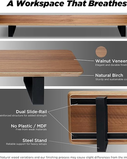 Moodular Wooden Monitor Stand 45.6” (116cm) Large Desk Organizer with Metal Slide Rails for Drawer, Tray, Laptop, Tablet, Phone & Headphones Customizable Riser for Organized Workspace Walnut