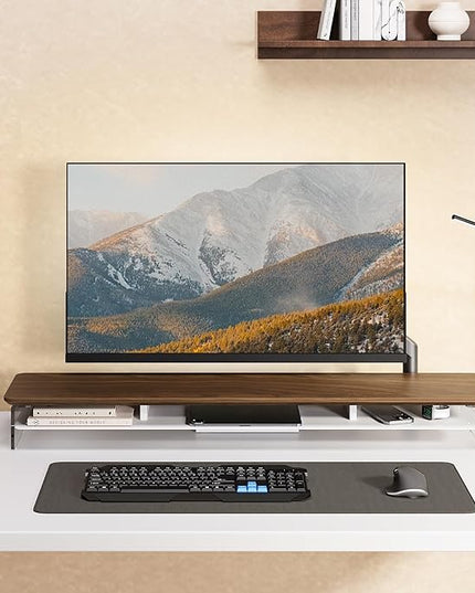 Fenge Acrylic Monitor Stand Riser, 42.5 Inches Dual Monitor Stand with Metal Storage, 2 Tier Acrylic Computer Riser for Desk, Clear Laptop Stand for PC, Laptop, Printer, TV, Brown