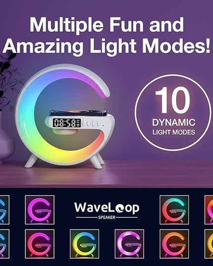 Waveloop Speaker Alarm Clocks for Bedrooms with Wireless Charging and G Bluetooth Speaker, Sunrise Wake Up Light RGB Night Lamp, 4-Button Bedside Alarm Clock for Bedroom Time Display, USB-C