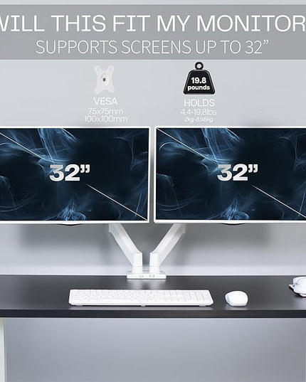 VIVO Dual Monitor up to 32 inches and 19.8 lbs per Screen, Mechanical Arm Desk Mount, Articulating Counterbalance, VESA Stand, Classic, White STAND-V002OW