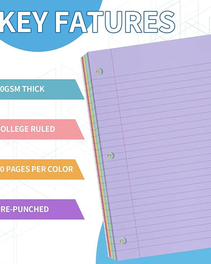 6 Color Loose Leaf Paper College Ruled, 120 Sheets 8" X 10.5" Colored Notebook Paper, 3-Hole Punched 70 Gsm Lined Paper For 3-Ring Binders, Loose Leaf Office Paper