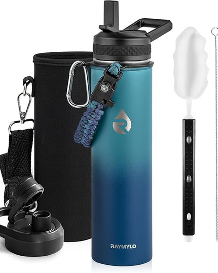 Insulated Water Bottle 24oz, Triple Wall Vacuum Stainless Steel (Cold for 48 Hrs, Hot for 24Hrs), Leak Proof & Non-BPA, 24oz Hydro Water Flask with Paracord Handle & Straw Spout Lids