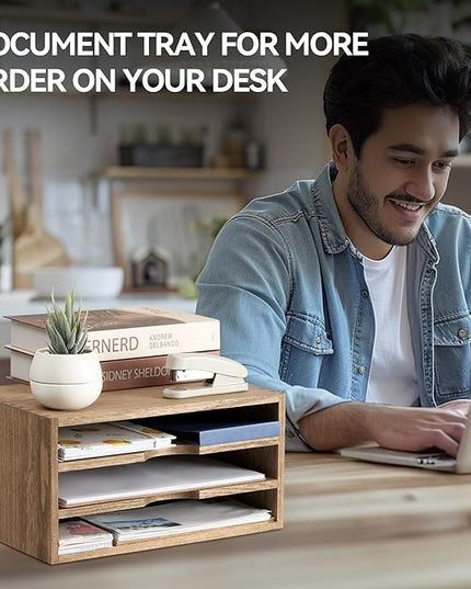 KIRIGEN Wooden Desktop Organizer Paper Storage Letter Tray File Sorter - Desk Rack Magazine File Dividers Holders for Home Office Accessories with 3 Layer Trays Dark Brown (3KWJG-DBR)