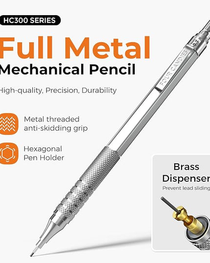 Four Candies 4PCS Metal Mechanical Pencils Set with Case, 0.5mm & 0.7 mm Artist Pencil with 8 Tubes (480PCS) HB Lead Refills, 3 Erasers,9 Eraser Refills For Writing Drafting, Drawing, Black&Silver
