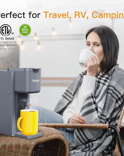 Mini Hot and Iced Coffee Maker Single Serve, for K Cup and Ground, 6 to 14 Oz Brew Sizes, with Recipe Book, for Home, Travel, RV, Office and Dorm, Elegant Gray