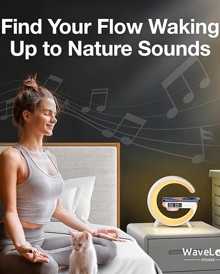 Waveloop Speaker Alarm Clocks for Bedrooms with Wireless Charging and G Bluetooth Speaker, Sunrise Wake Up Light RGB Night Lamp, 4-Button Bedside Alarm Clock for Bedroom Time Display, USB-C