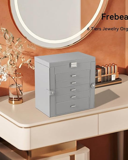 Frebeauty Large Jewelry Box,6-Tier PU Leather Jewelry Organizer,Multi-functional Storage Case with Mirror,Accessories Holder with 5 Drawers for Necklace Bracelets Watches(Grey)