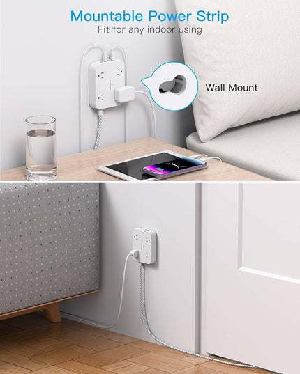 Surge Protector Power Strip 10 Ft Cord, HANYCONY Extension Cord with 4 USB Ports(2 USB C), Desk Power Strip with Long Cord, Flat Plug, Wall Mount for Office Home College Dorm Room Essentials