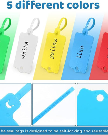 LeonBach 100 PCS Plastic Shipping Tags,1.46" x 2.48", Waterproof Labels Writable Hanging Tag with Sealing Strap,Shipping Cable Tie Label Tags for Keys Luggage Logistic Retail Inventory(Multicolored)