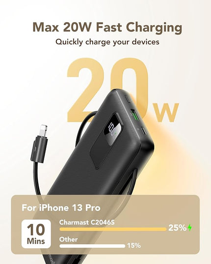 charmast Portable Charger 20000mAh with Wall Plug, Fast Charging Power Bank USB C, 20W PD Battery Pack with Built-in Cables Travel Essential for iPhone 16/15/14, Samsung, iPad More Devices (Black)