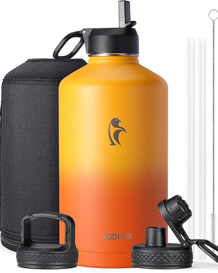 Coolflask 128 oz Gallon Water Bottle Insulated with Straw&3 Lids, Water Jug Large Stainless Steel Metal Vacuum Wide Mouth for Sports, Gym or Office, Non-BPA Keep Cold 48H Hot 24H, Ombre Yellow/Orange