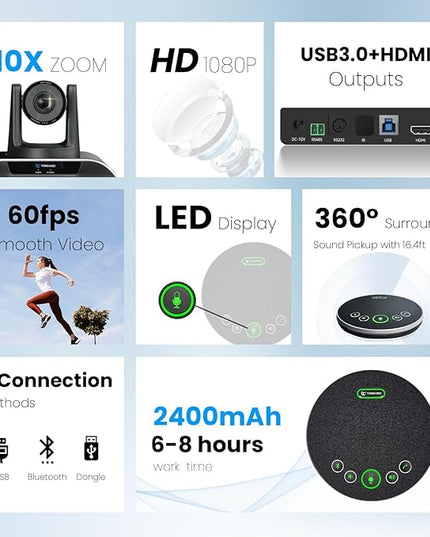 TONGVEO 10x Zoom Conference Room Video Camera System, All-in-One HD 1080P 60fps 10X Optical Zoom USB3.0 HDMI PTZ Camera and Bluetooth Conference Speaker with Microphones Bundle for Medium Room