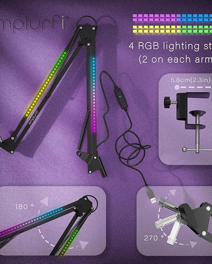 RGB Boom Arm, Adjustable Mic Stand with Desk Mount Clamp and Mic Clip, Compatible with HyperX Quadcast, Blue Yeti, Rode, Shure SM78 for Streaming, Gaming, Youtube Recording (black)