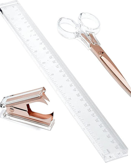 OfficeGoods 3 Piece Acrylic Desk Set - Includes Ruler, Staple Remover, Scissors - Functional & Elegant Desk Accessories - Stationery Tools for Home, Office, and School - Clear with Rose Gold Metal