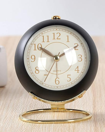 SHISEDECO Small Tableclocks Classic Non-Ticking Tabletop Alarm Clock with Backlight, Battery Operated Astronaut Deskclock with HD Glass for Living Room Bedroom Bedside Indoor Decor (Black Gold)