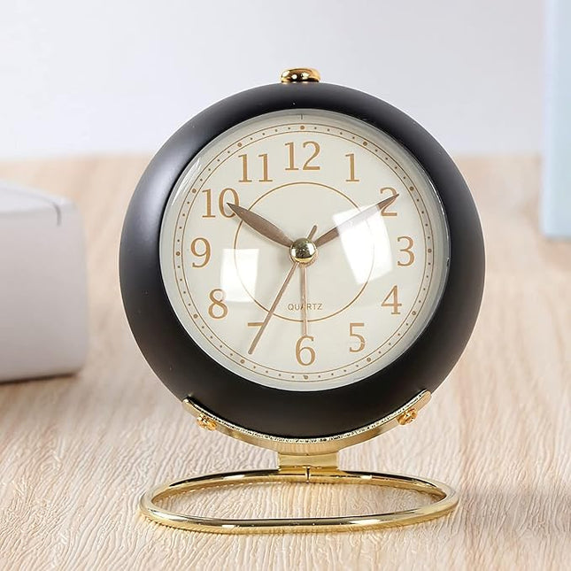 SHISEDECO Small Tableclocks Classic Non-Ticking Tabletop Alarm Clock with Backlight, Battery Operated Astronaut Deskclock with HD Glass for Living Room Bedroom Bedside Indoor Decor (Black Gold)