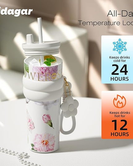 24 oz Stainless Steel Tumbler with Lid and Straw, Insulated Coffee Mug, Leak Proof, Portable Iced Travel Water Bottle, Reusable Thermal Coffee Cup, Floral White
