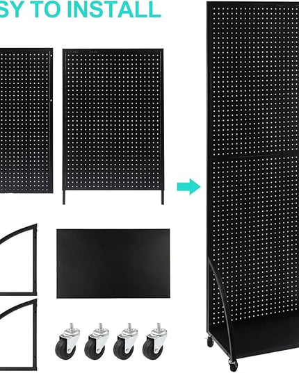 2'x 6' Metal Pegboard Display Stand with a Plate, Peg Board Panels, Standing Pegboard Display, Craft Fair Display Rack, Art Display Stand, Extra 10 pieces Hooks-Black