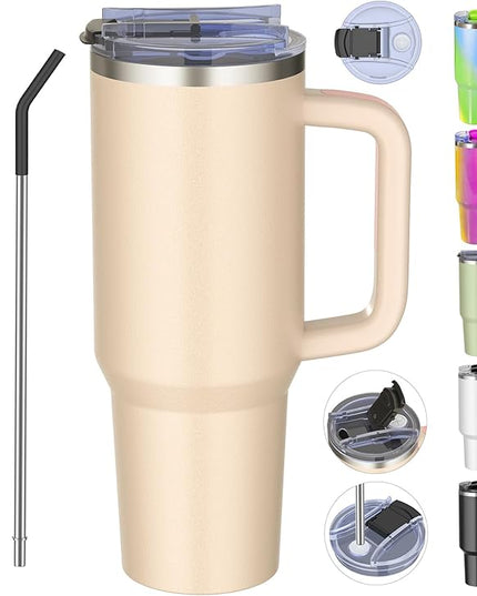 40 oz tumbler with handle and straw,Double Wall Vacuum Reusable Stainless Steel Insulated Water Bottle,With Leak Proof lid and Straw for Iced or Cold Beverages (Rose Quartz)