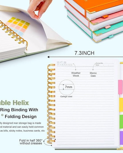 Hardcover Spiral Notebook 8"x10" Journal Notebook with Tabs and Removable Dividers 300 Pages 5 Subject Notebook College Ruled, Faux Leather Spiral Bound Notebook for Women School Work (Sage Green)