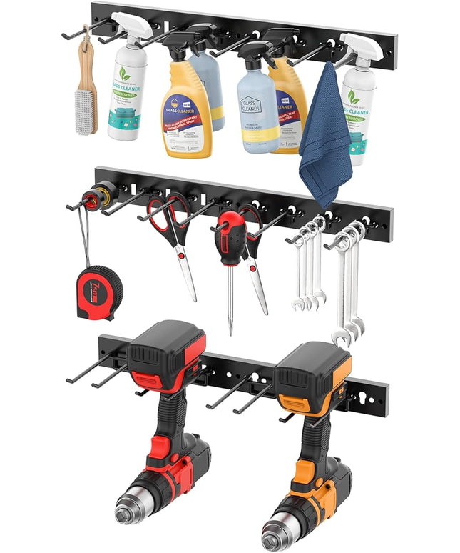 CCCEI 3 Modular Pegboard Strip Storage, Metal Peg Slat Wall Mount for Garage, Basement, Garden, Laundry Room Organization. Flexible Tool Organizer for Rake, Shovels, Crafting. Gifts for Men, Black.