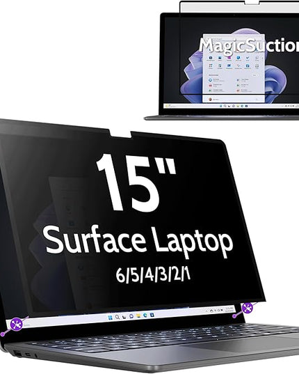 Peslv Privacy Screen for 15 Inch Surface Laptop 6/5/4/3/2/1, MagicSuction™ Removable Anti Spy Black Protector, Glare Blue Light Filter for Microsoft Laptop Computer Monitor
