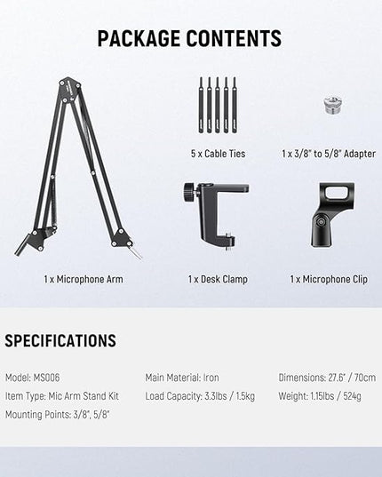 NEEWER Microphone Arm Stand, Suspension Scissor Boom Mic Arm Desk Mount with Clip & 3/8" to 5/8" Adapter Compatible with Blue Yeti Snowball HyperX QuadCast SoloCast Shure, Max Load 3.3 lbs, MS006