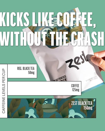 Zest High Caffeine Black Tea Bags – Earl Grey Energy Tea with Natural Bergamot – 150mg Caffeine per Cup – Focus & Morning Breakfast Tea for Energy – Caffeinated Coffee Substitute – 20Ct Pack