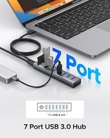 ORICO 7-Port USB 3.0 Hub, Aluminum USB Multiple Adapter, 5Gbps USB Extender USB Splitter with 3.28Ft Cable, UBS-A Hub Long Cable for Desktop, PC, Flash Drive, Mobile HDD, Windows/XPS