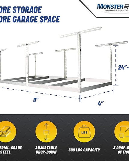 MonsterRax 4x8 Overhead Garage Storage Rack Frame Kit - Hanging Garage Ceiling Storage Rack System - (White, 24"-45")