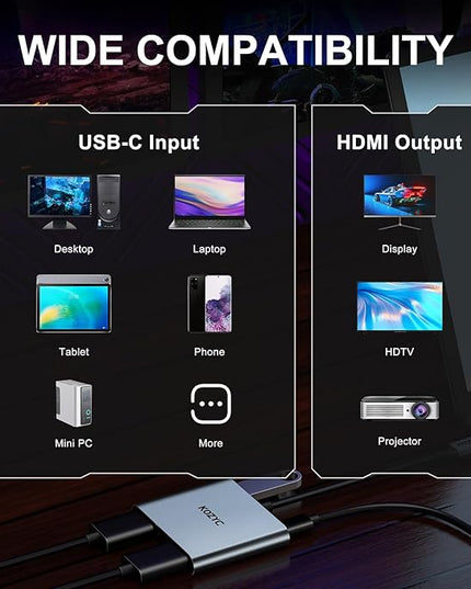 USB C to Dual HDMI Adapter 4K@30Hz, KOZYC USB C Hub Multiport Adapter with 2xHDMI, USB 3.0, 100W PD, Support USB C to HDMI Splitter Extended Display for MacBook Pro (MST is not Supported on MacOS)