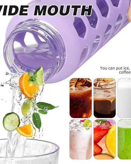 MUKOKO Glass Water Bottles, 24oz Glass Tumbler with Straw, Drinking Bottles with 2 Lids-Handle Spout Lid&Bamboo Straw Lid, Motivational Water Bottle with Time Marker and Silicone Sleeve, 1 Pack-Purple