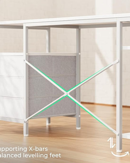 Huuger L Shaped Office Desk with Power Outlets, 55 Inch Computer Desk with 3 Drawers, Shelves, Reverisble for Gaming Corner Work Home Office Study, White