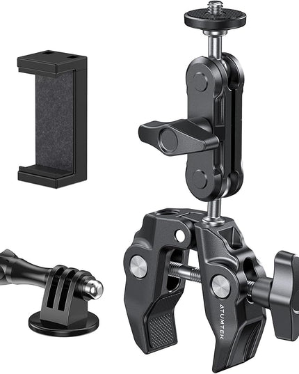 ATUMTEK Super Camera Clamp Mount with 1/4" and 3/8" Threads, Dual Ballhead Magic Arm 360° Ball Head Grip, Phone/Action Camera Mount Adapter for Canon Nikon DSLR Camera, GoPro/Insta360/INSTAX/DJI